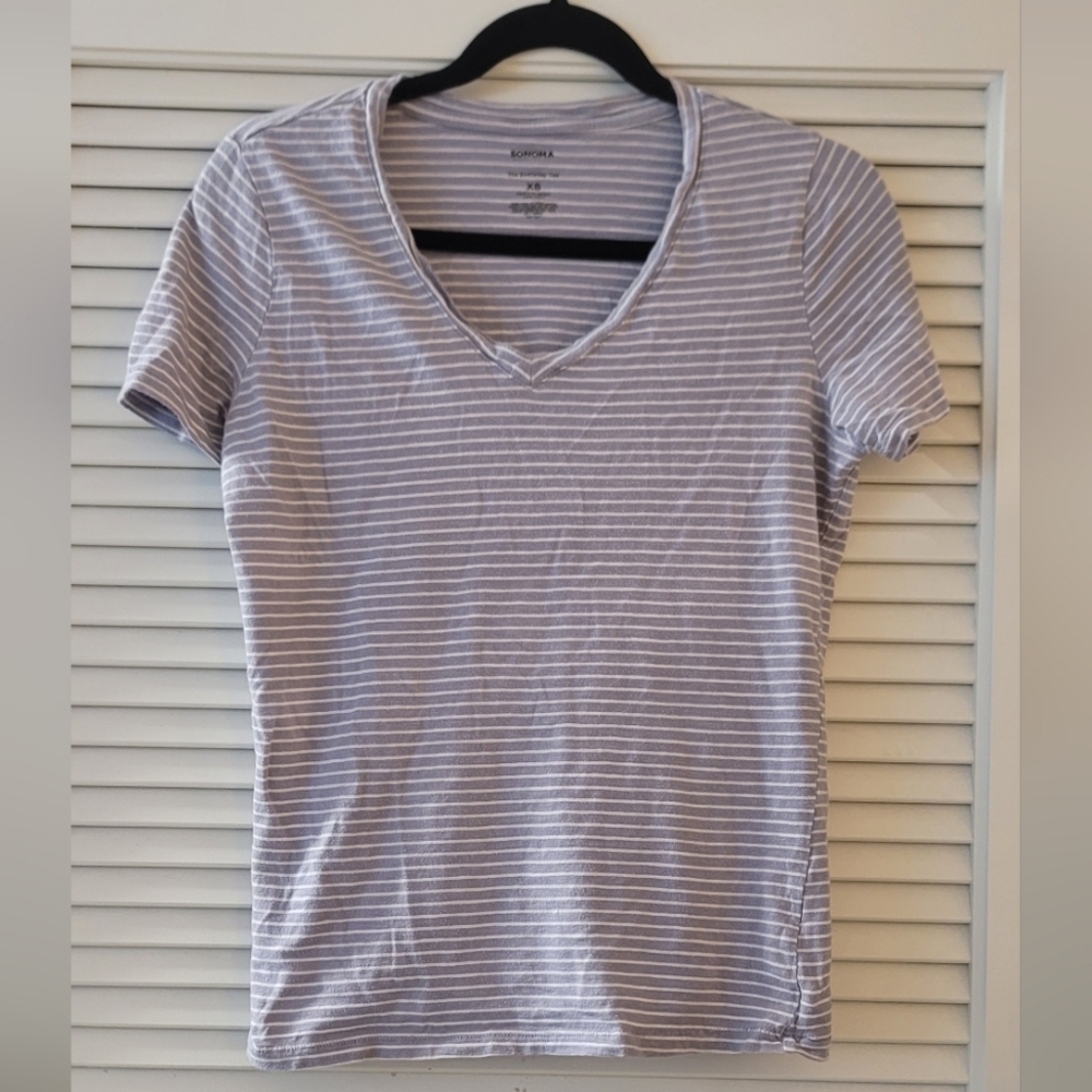 Sonoma- Purplish Grey & White 100% Cotton Striped Short-Sleeve Top